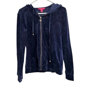 Lilly Pulitzer Larina Velour Hoodie Zip Up Jacket Sweater Navy Blue Womens Small